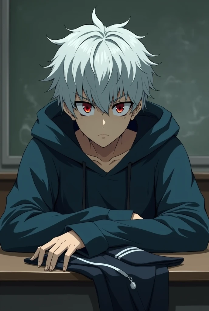 A lonely boy, anti social, depressed, serious, embittered, and angry, her short white hair, His red eyes and empty, lonely gaze, He is wearing a hooded robe and is sitting at a student desk with his uniform resting on the table., He has an annoyed and lonely expression, He is about , It&#39;s anime style, looks bigger, has quite a few dark circles under his eyes, He has no appearance and it seems that all innocence is gone, his eyes paid and dull, Although he seems to have a bit of body work, his face a little pale 