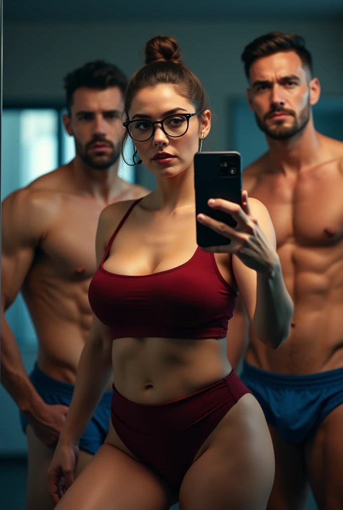 A woman with round glasses, tied-up hair and a headset, large bust and butt, taking a selfie in the gym mirror wearing tight little shorts and a Topper, Next to two men, fit and beautiful, just in shorts.