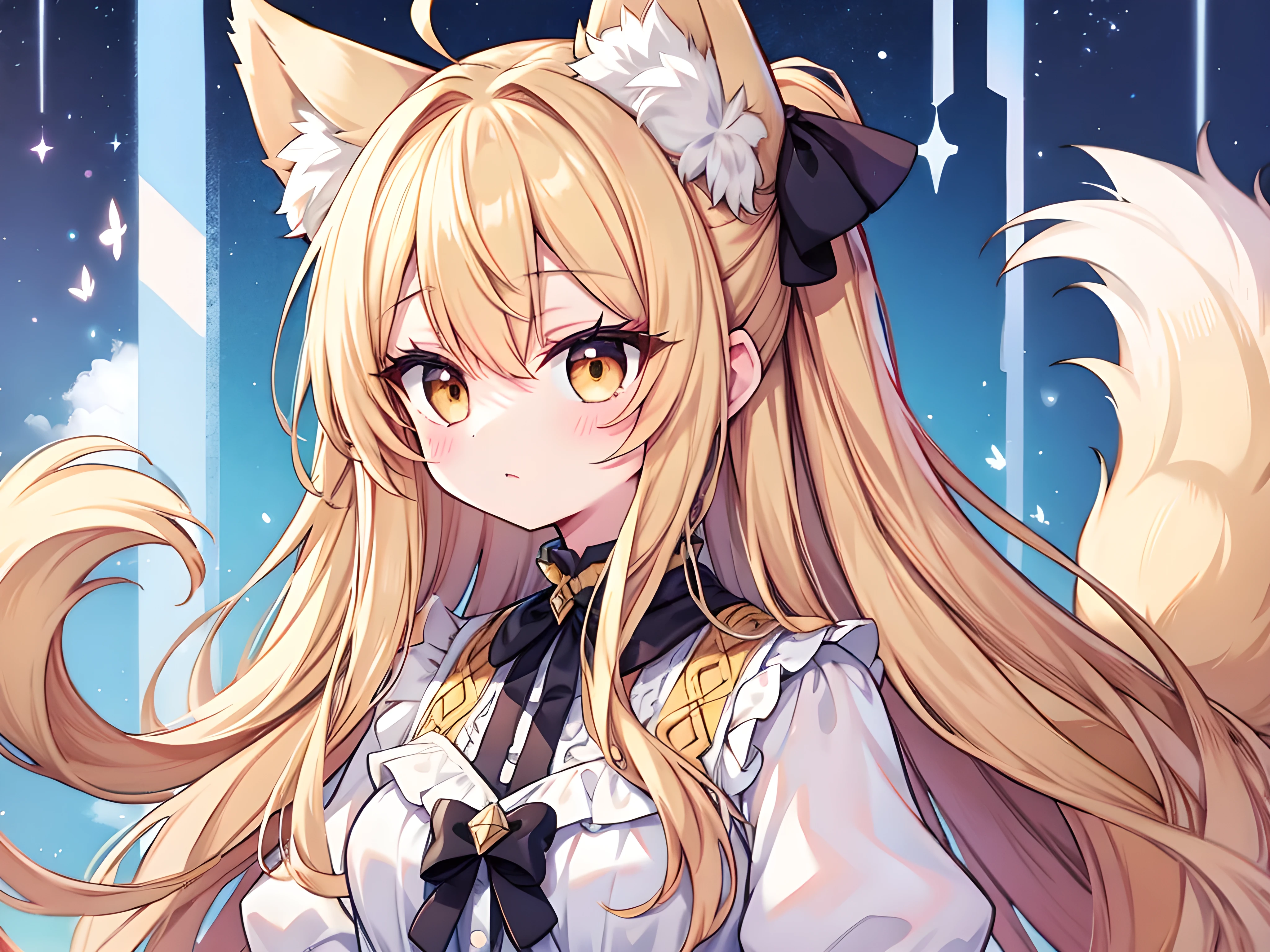 flipped hair,messy hair,absurdly long hair,(fluffy, puffy,big hair,too much hair:1.3),wavy hair,wariza,white dress,hair over one eye,from above,
fox ears,fox tail,multiple tails,blonde hair,blonde tail,brown eyes,1girl,,ahoge,BREAK,red eyeshadow,BREAK
masterpiece, best quality,absurdres