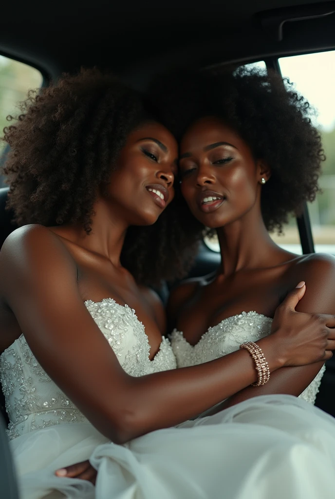 Generate an image of a crying black beautiful curvy bride in a car with another beautiful black lady comforting the bride