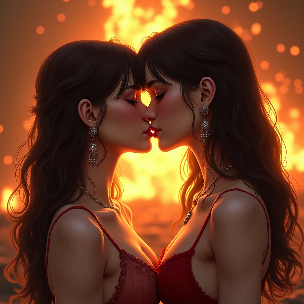 (highest quality, masterpiece, Ultra-high resolution, Photorealistic:1.4), (two girls are deeply in love with each other, kiss:1.3), perfect body, Looking at the camera, Beautiful fine details, Detailed skin, Detailed lips, Long eyelashes, Full body portrait, Graceful posture, flowing hair, jewelry, Delicate earrings, Vibrant colors, In front of the blazing fire, Slightly blurred background, Realistic lighting, Captivating Expressions, Cowboy Shot,