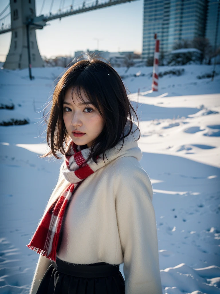 high quality, masterpiece, Ultra-high resolution, (Realistic:1.4), Raw photo, 1, Japanese，Black Hair、Moody tones, Hair swaying in the wind、Beautiful woman，２0-year-old、whole bodyショット、flare skirt、cold、winter，Snow Scene，Snowfall，a whitish fluffy coat，a red checked wool scarf，Detailed depiction of the hand、short hair、Short Hair、whole body、Red check muffler、Strong sunlight、Sun light、Shadow representation、Face light and dark、Don't look over here、Looking into the distance,Look away