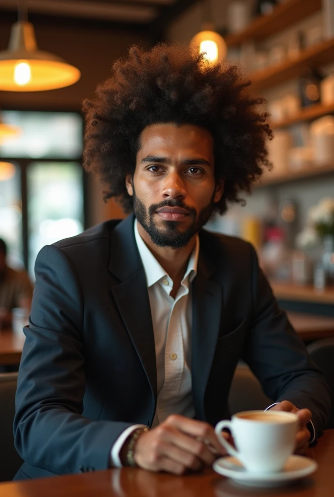 Somali boy age 25 wearing suit sitting in the coffee shop curly soft hair