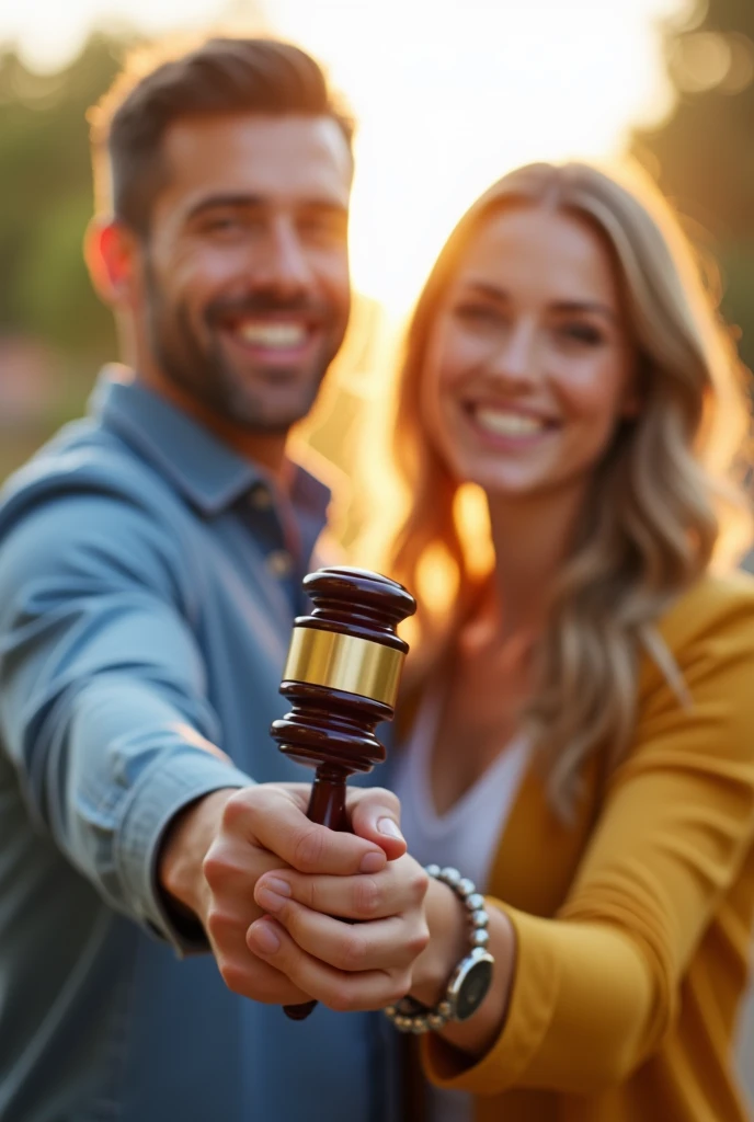 A happy couple holding a key to their new house in one hand and a gavel in the other hand