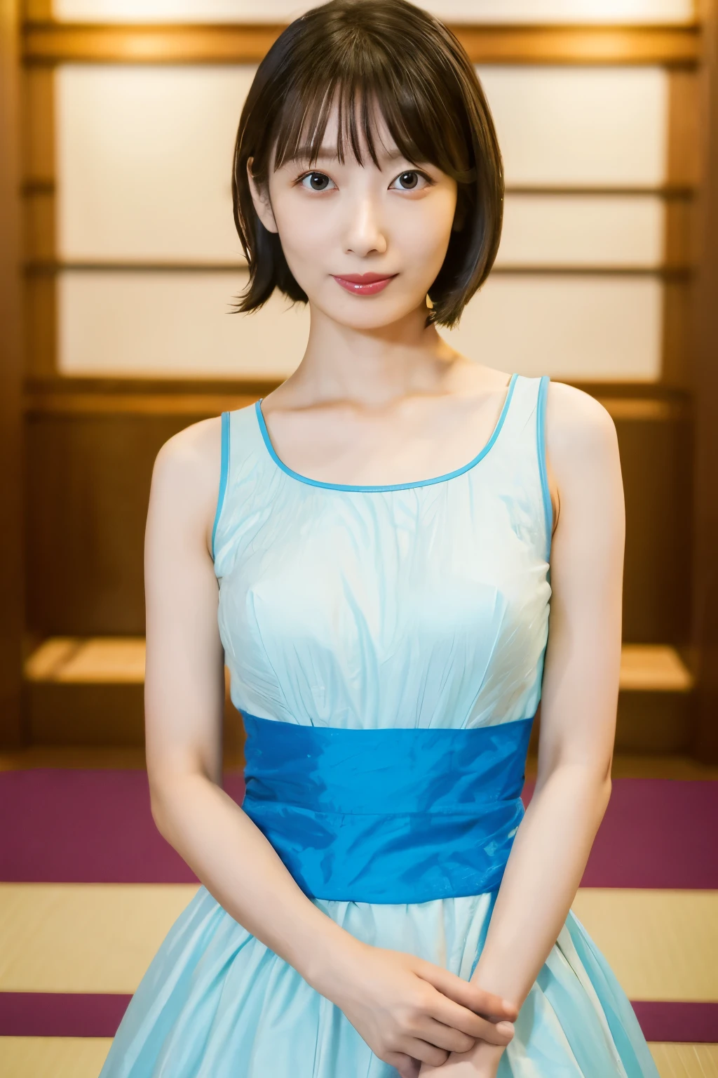 Masterpiece, photogravure, highest quality, clear contours, (One Girl, alone), Japanese woman, 30 years old, lipstick, cute face, detailed face, beautiful eyes, detailed eyes, focus on the eyes, bob hair, Anatomically correct body structure, wearing body-fitting costumes, getting on all fours, lifting butts, shot from the front