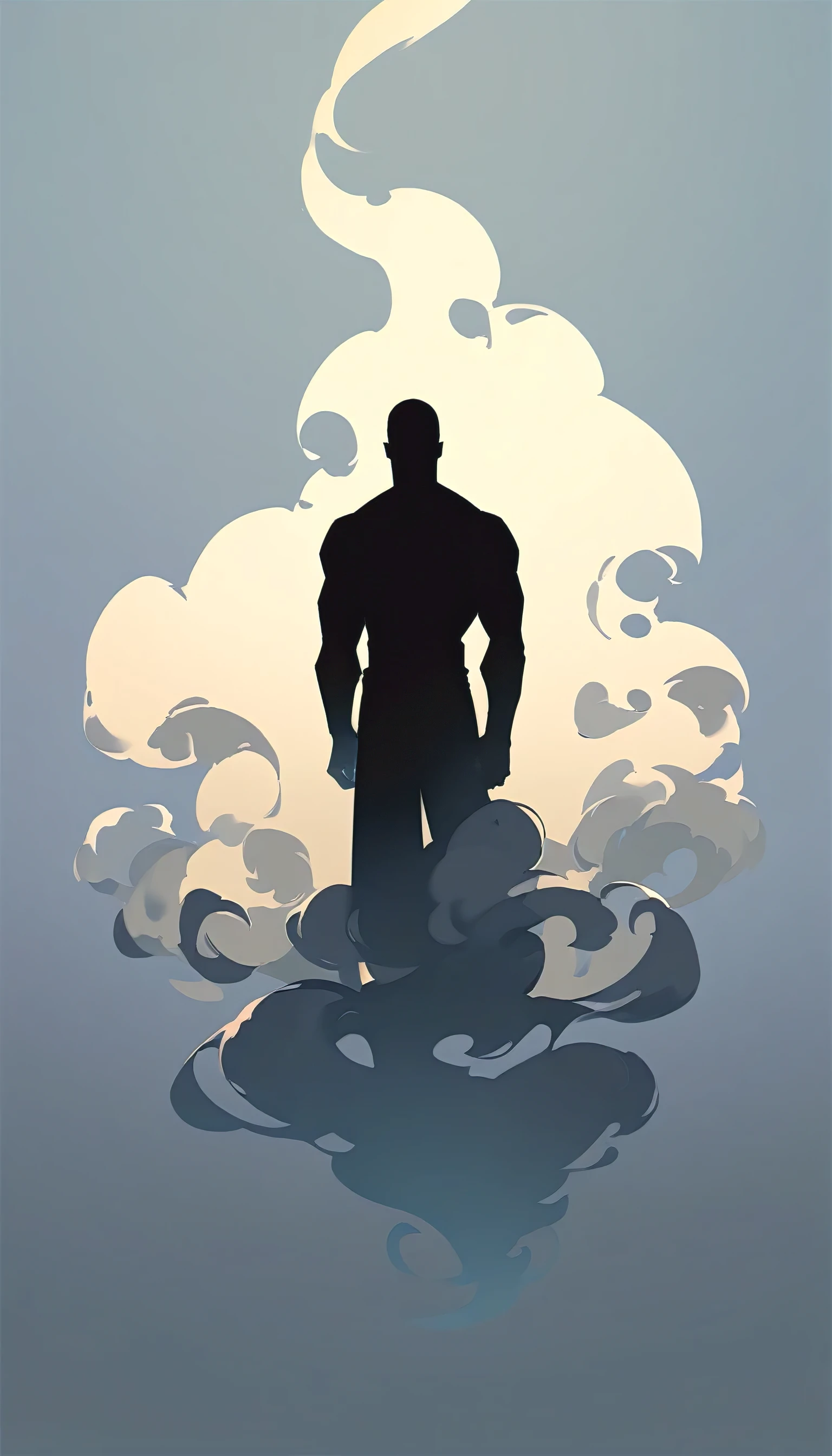 A man in a black bodysuit stands in the smoke, Priapus, Dark Black, Deep black wetsuit, Buzz Cut, His muscles are very developed, Very tall, short hair, Blend into the smoke, Man silhouette, Chinese, black and white, Simple style