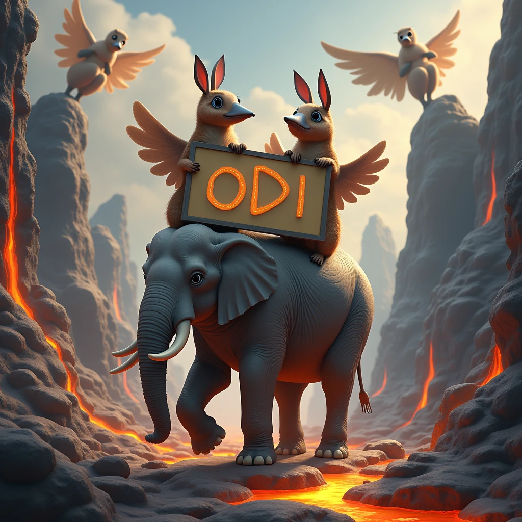 Two platypuses on an elephant walking on rocks and lava holding a sign with the name ODI in capital letters, and angels behind