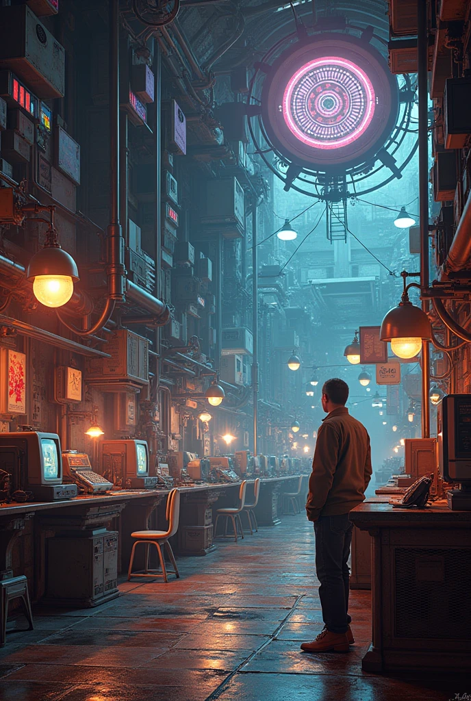 Create a visually engaging image titled 'Flashback Digital' for a presentation section. The image should feature a retro-futuristic theme, combining elements of old technology (like early computers or vintage phones) with modern digital motifs (such as circuit boards, pixels, or neon effects). Include visual elements that evoke nostalgia while integrating sleek, contemporary digital aspects. The overall design should be eye-catching and convey a sense of reviewing and reflecting on past technological progress.