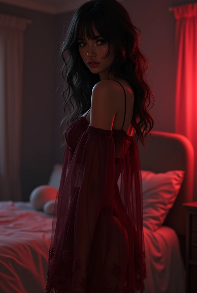 Teenager dark-skinned e-girl With burgundy transparent nightgown