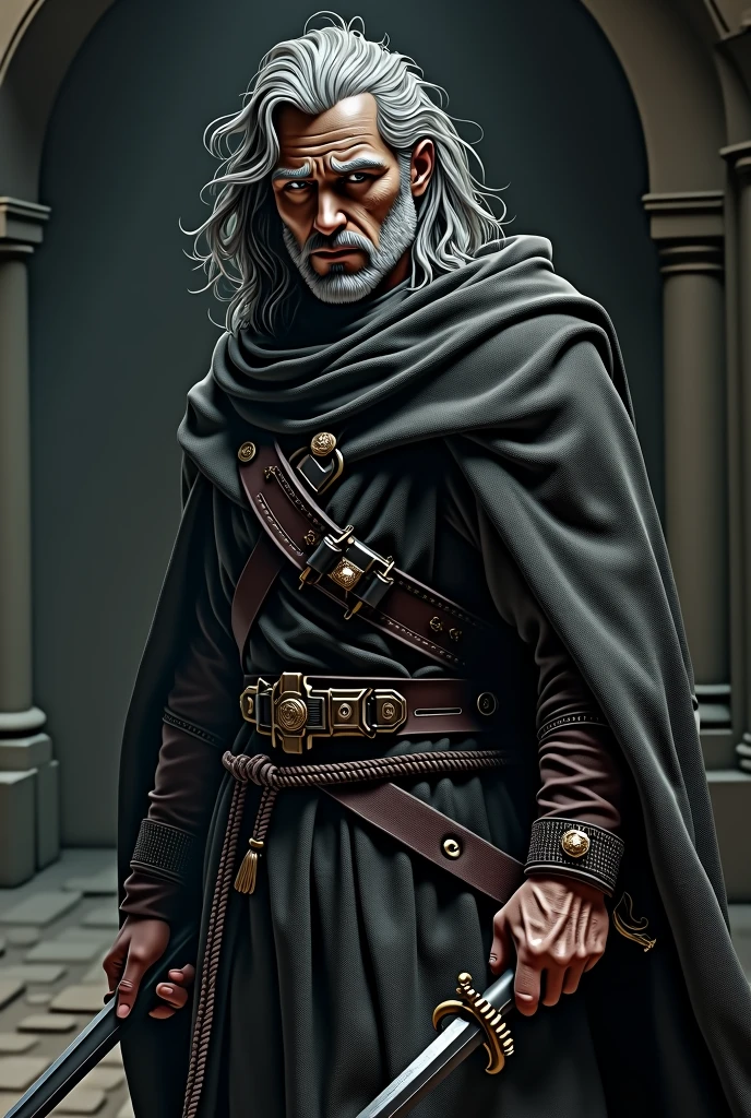 man of 40 years old, with long gray hair, with a gray mustache and goatee. wearing a robe, with a rapier in its sheath and holding a hand crossbow. Medieval killer.