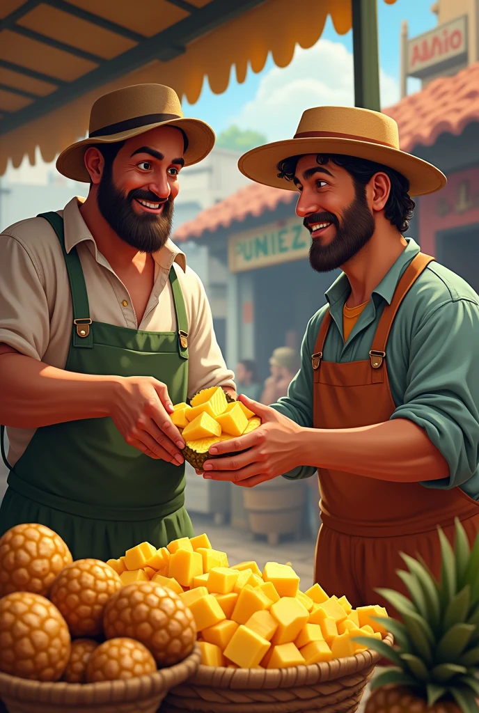 Cassio hands over the peeled and chopped pineapple to Marcos (both are still on sale at Cassio)