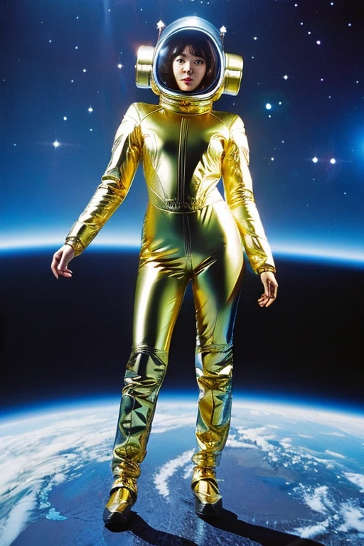 Asian Woman in metallic space suit equipping space helmet and space backpack from a 90's sci-fi series
