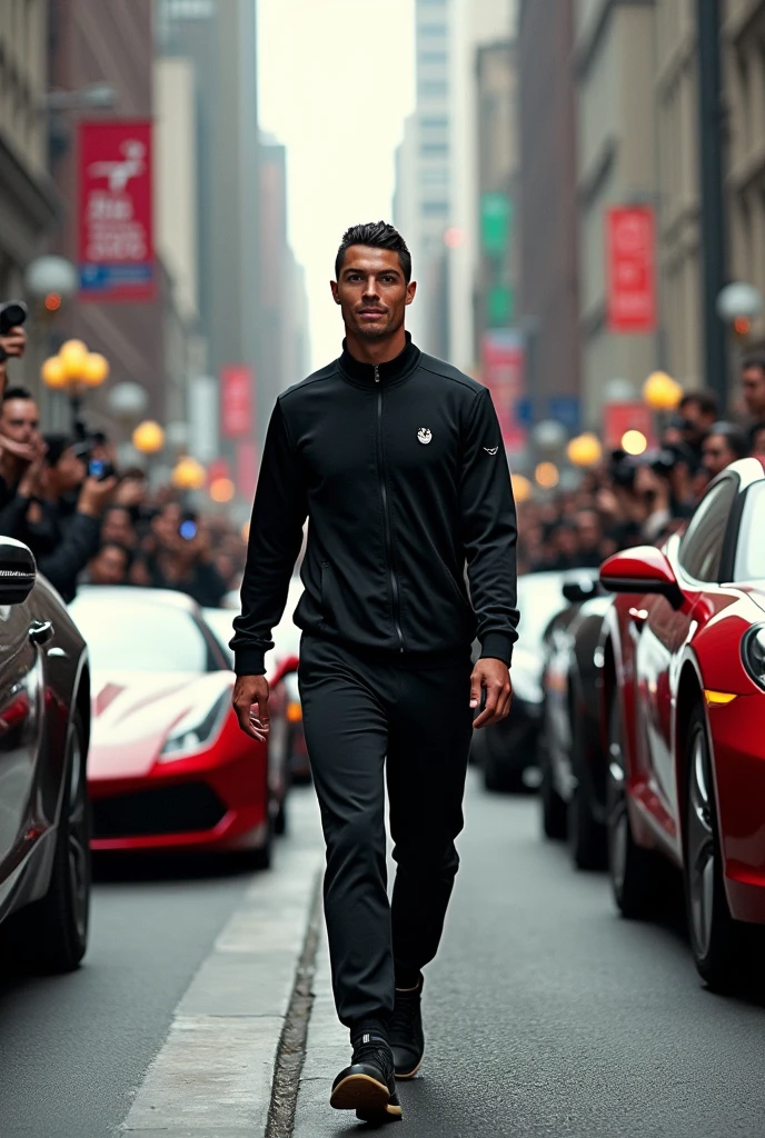 Cristiano Ronaldo sur les rues de new York , porte un survêtement noir,avec un cortège des voitures de luxes et les gens le film et il souris