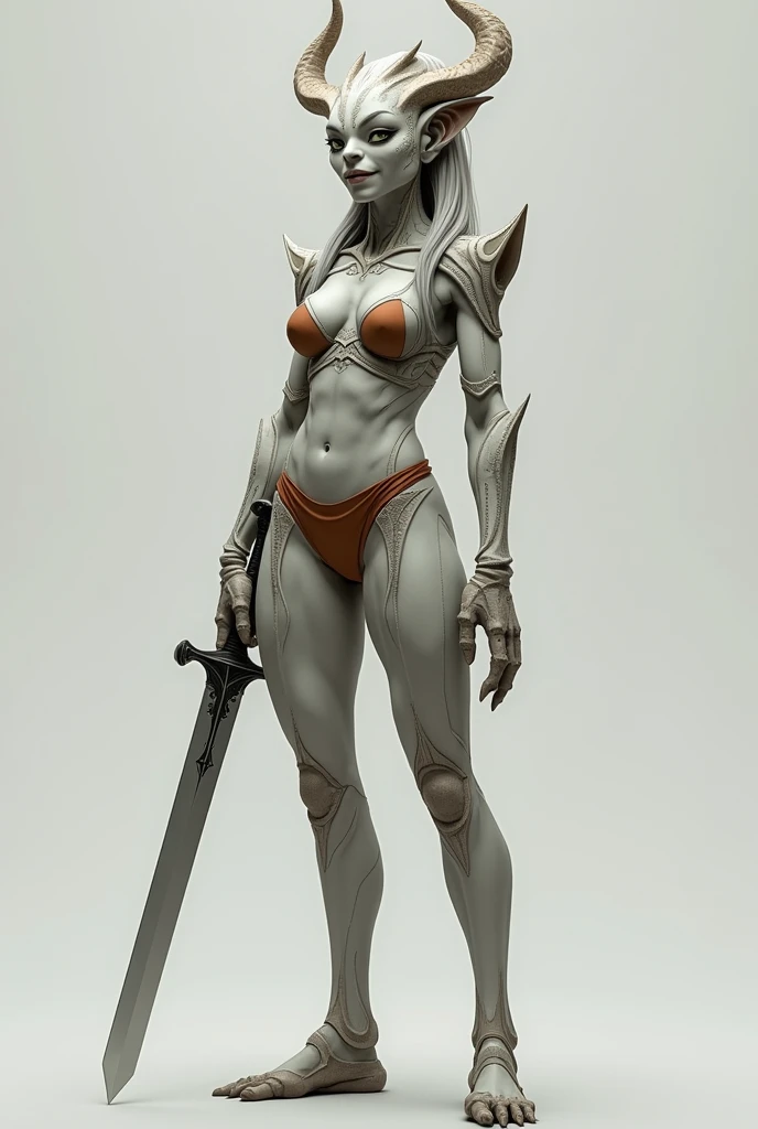 A detailed and realistic image of a female Karnathi humanoid character standing alone. She is 1.8 meters tall, with a lighter gray skin tone. She wears undergarments in striking, contrasting colors that stand out against her skin, adding a visual highlight to her appearance. Her face is harmonized, blending subtle human-like features with the distinct characteristics of her species, and she is smiling confidently while holding a long dagger.
The bone-like scales on her body are of a lighter shade of gray, creating a noticeable contrast with her skin tone and adding texture to her appearance. These scales are smooth and minimal, serving as a subtle accent rather than dominating her appearance. The only bony protrusions present are small and crown-like, located on her head, adding a distinct yet refined touch to her look. Her overall appearance is muscular and athletic, with a natural and balanced aesthetic. The background is neutral, ensuring the focus remains on the detailed and lifelike portrayal of this Karnathi female character.