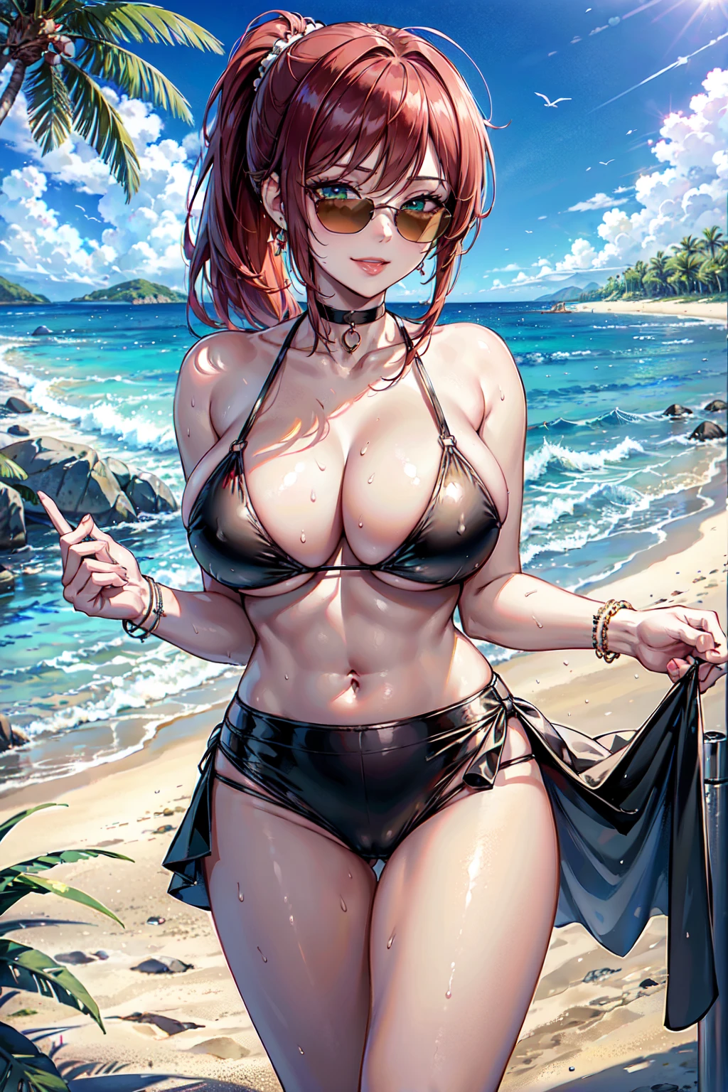 masterpiece, Superior image quality, High resolution, 4k image,Photo and gross, photorealistic, 1 young girl of 20 years old, completely naked, View from the front, walking along the beach, {Alone},{{{vagina}}}, huge breasts, beautiful face, dark red hair short ponytail, green eyes, very detailed eyes, expression of pride, draw smile showing superiority, black sunglasses, choker:1.6,  red bikini, sensual lips , show details in the eyes, View from the front, playa, beach with sea view, at daytime