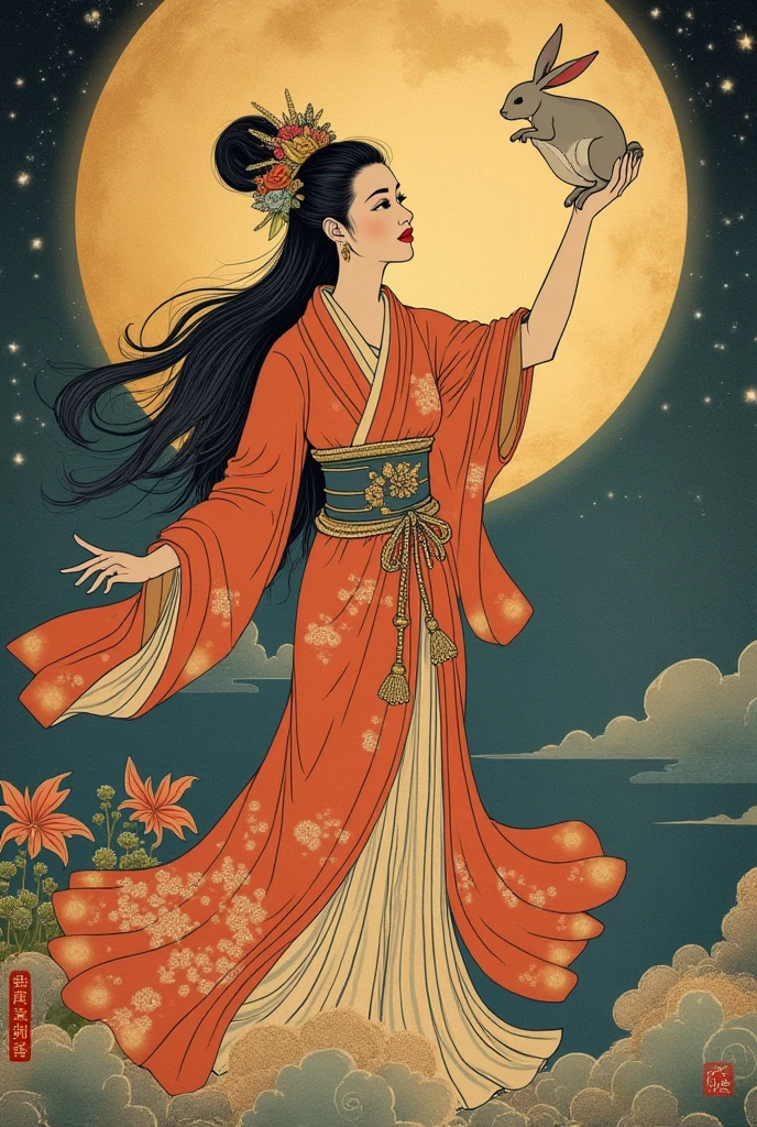 ((best quality)), Moon goddess Chang'e with her rabbit and a moon behind her and in ancient Japanese style and levitating as if she wanted to reach the moon, One of her hands is raised towards the moon and the other is holding her rabbit., It has to look old