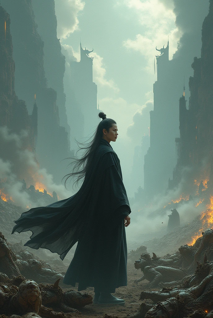 A young man with long hair on his back, tied with a tail and practices the path of the Dao in appropriate black clothing, while in the distance you can see a battlefield with dead species of elves, dragons, giants among others while the sky collapses. Make it lively and bizarre
