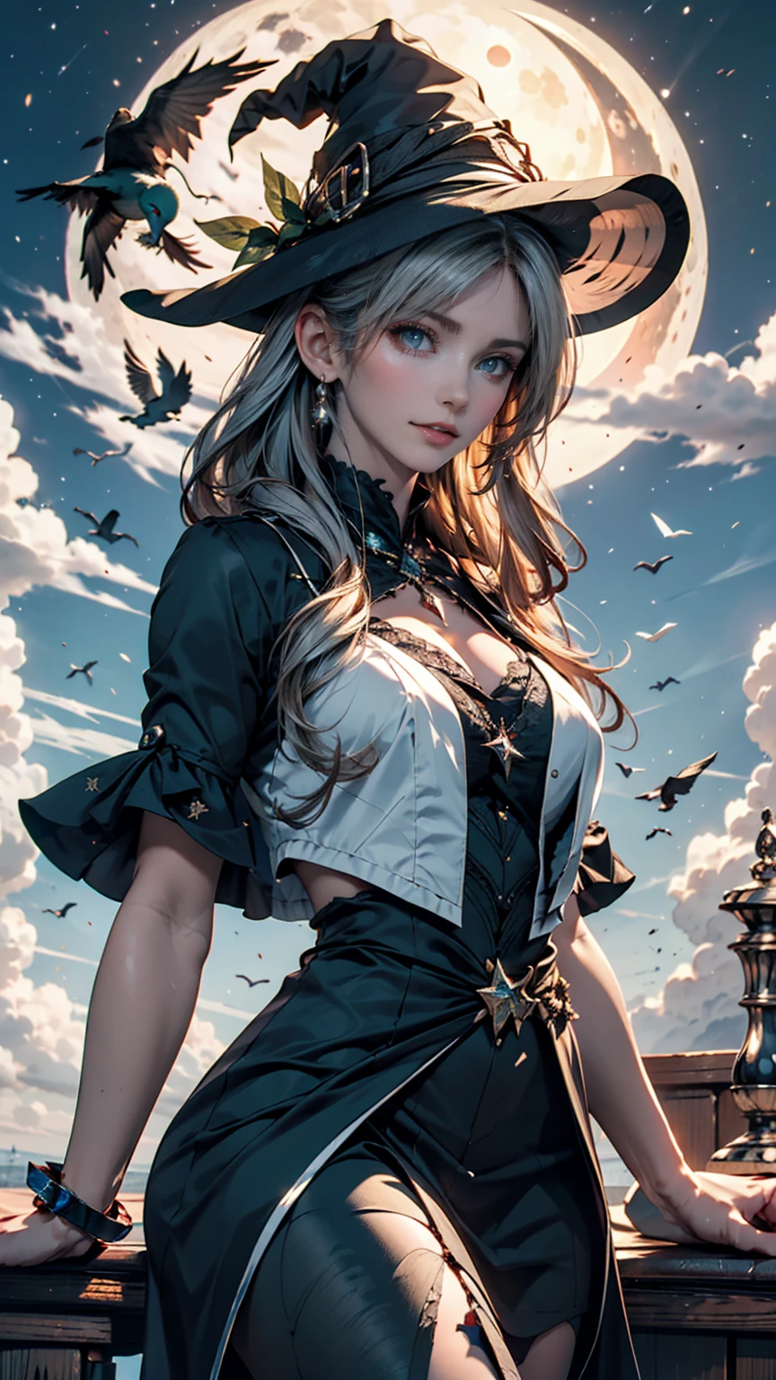 Highest quality, Very detailed, masterpiece, Very detailed, cloud, witch_Have, Have, One person, null, green_null,Day, length_hair, cloudy_null, moon,bird, alone, Silver_hair, witch, Outdoor 