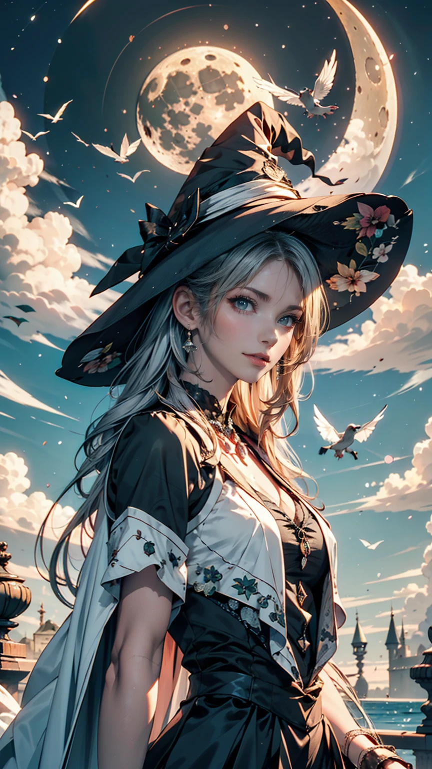 Highest quality, Very detailed, masterpiece, Very detailed, cloud, witch_Have, Have, One person, null, green_null,Day, length_hair, cloudy_null, moon,bird, alone, Silver_hair, witch, Outdoor 