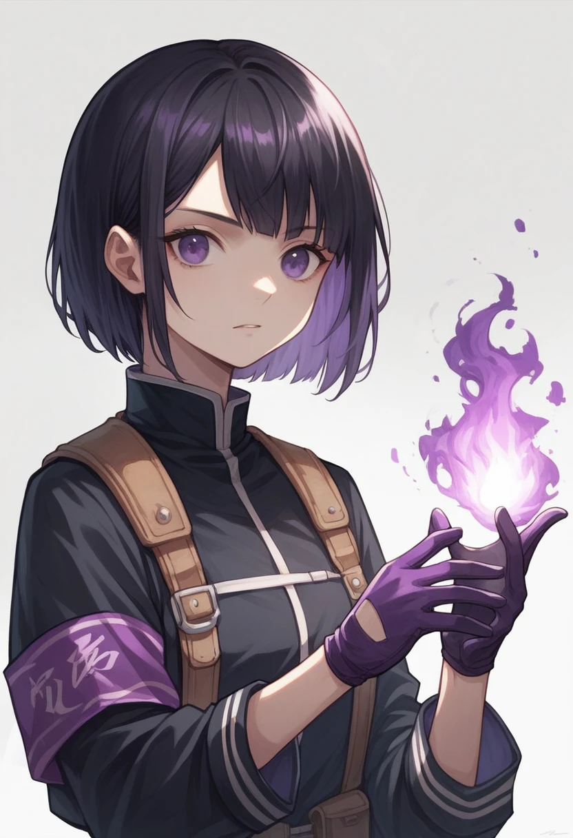 1girl, solo, half body, low bob haircut, black hair, short hair, straight hair, hair separated into strands, black uniform, purple eyes, bangs, adjusting the glove with one hand, purple flame on the glove. Background: white wall with purple paint stains. 2d anime art, extremely detailed, realistic facial features.