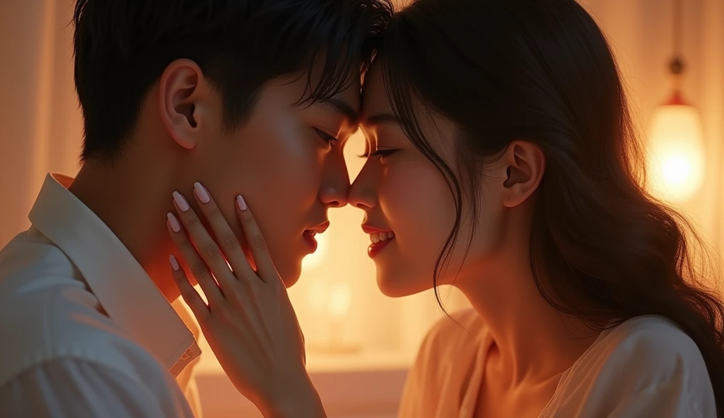 A man being touched by a beautiful woman with a smile、Asian