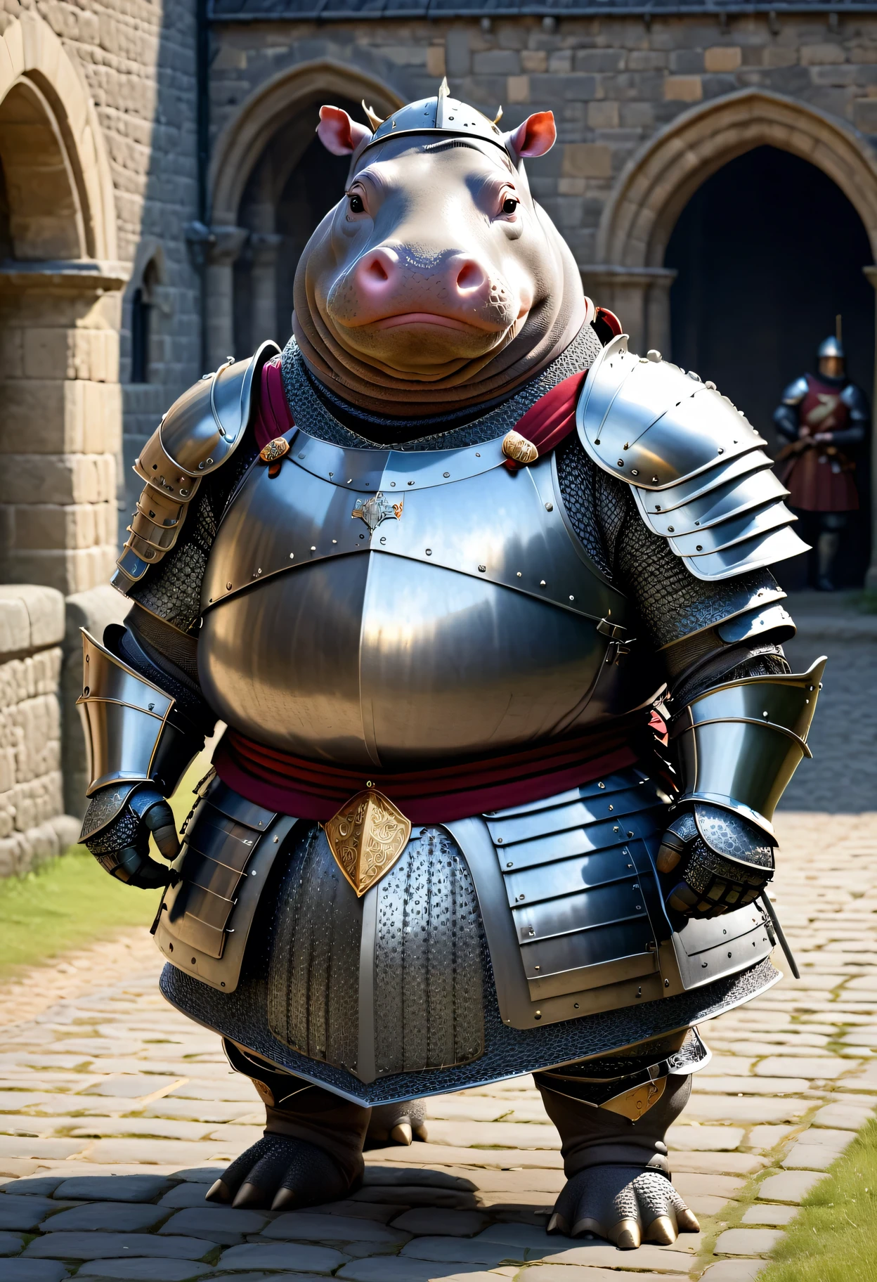 photorealistic portrait of Dressed animals - a ((fat)) hippo knight,(hands on hips:1.5 ),(furry), high quality,(lovely) ,intricate details, highly detailed ((knight armor)), , highly detailed knight equipment , (happy), natural lighting,(full body image:2.0),(stone buildings background),score_9, score_8_up, score_7_up, score_6_up, score_5_up, score_4_up,