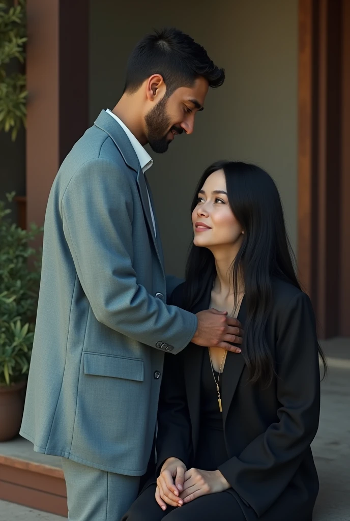 Realistic close up scene of a single 40 year old man, Without beard, white black short haired caucasian, barefoot western, standing, wearing a light blue suit, pants and a doctor or monk style jacket Spiritual, with a relaxed attitude and a slight smile. In a spiritual environment, interacting with a white western woman with long black hair, what is medium, wearing black clothes. The man is next to the woman and the woman is sitting.