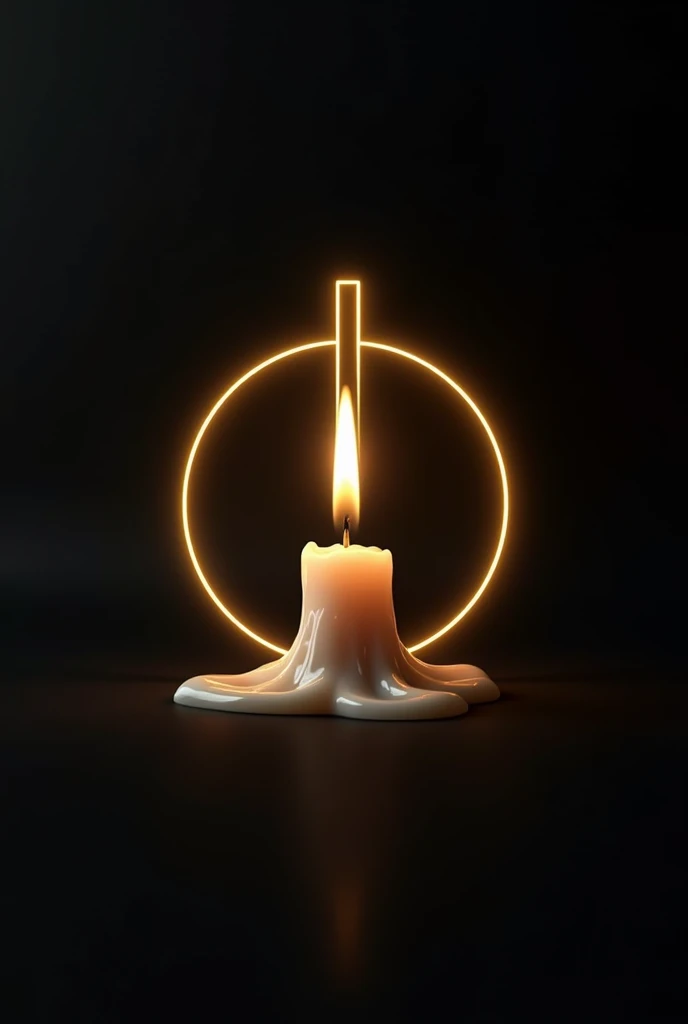 Presentation for a black and gold business card on aromatic candles of a modern golden letter L in continuous lettering in which a lit candle melts with a visible flame in the center of a golden circle in gold color all around iperealistic cyberpuk