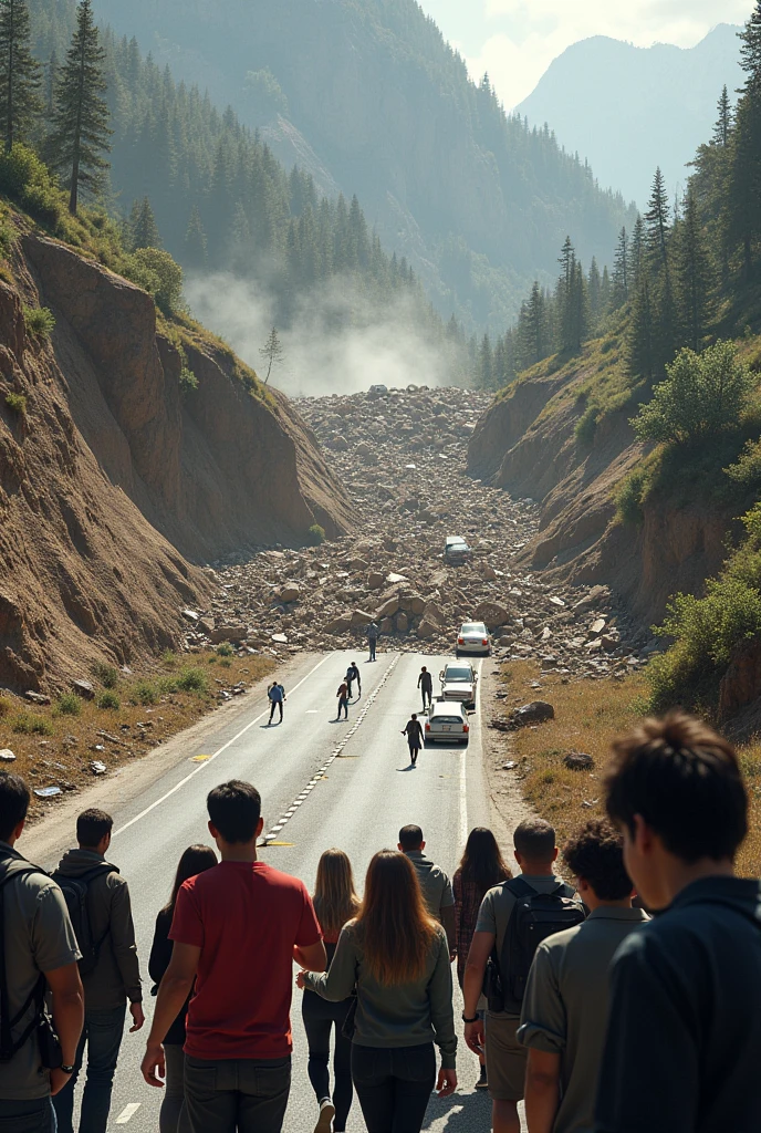 Landslide happened at the road and people are shock and taking photo about the incident,digital art
A realistic one and the landslide went into the road and blocking way for people to use the road