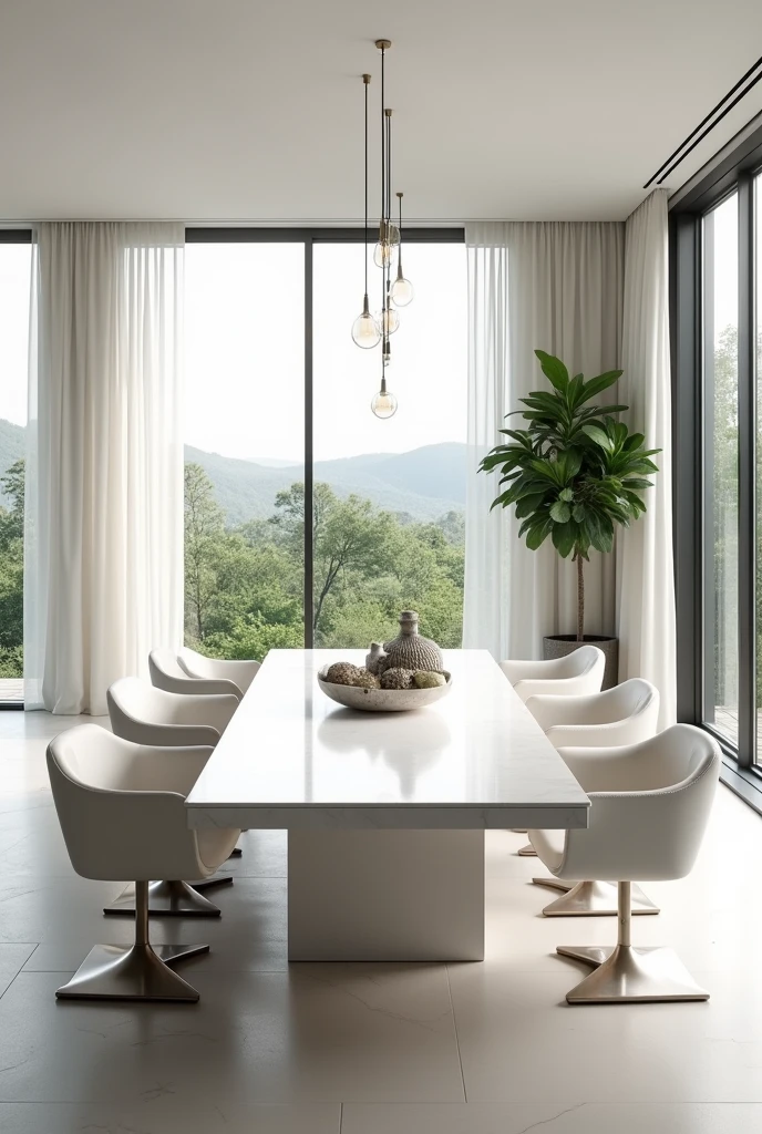 Professional 3d architecture rendering design of modern and minimal elegant white slab stone marble dining table and eight elegant velvet white modern and elegant chairs and elegant curtains and modern windows and modern green space and elegant accessories