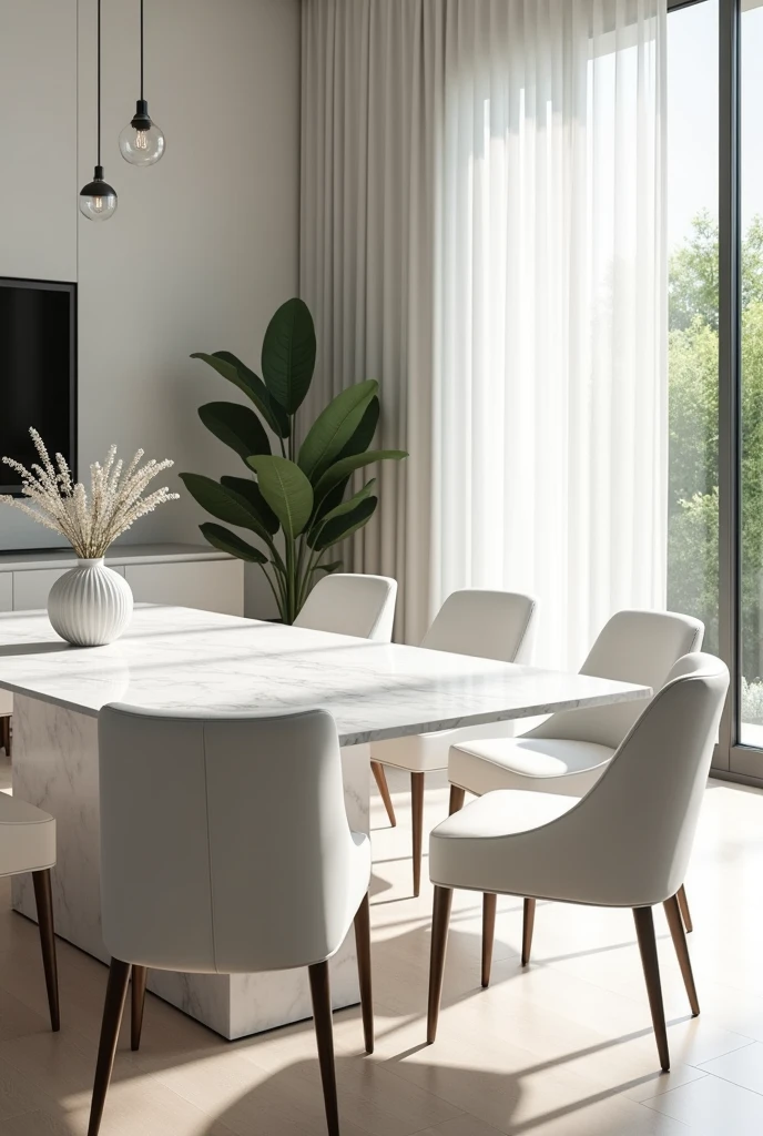 Professional 3d architecture rendering design of modern and minimal elegant white slab stone marble dining table and eight elegant velvet white modern and elegant chairs and elegant curtains and modern windows and modern green space and elegant accessories