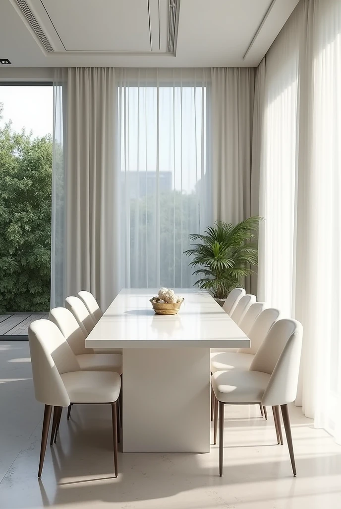 Professional 3d architecture rendering design of modern and minimal   elegant white  slab stone marble dining table and eight  elegant velvet white modern and elegant  chairs and  elegant curtains and modern windows and modern green space and elegant accessories 