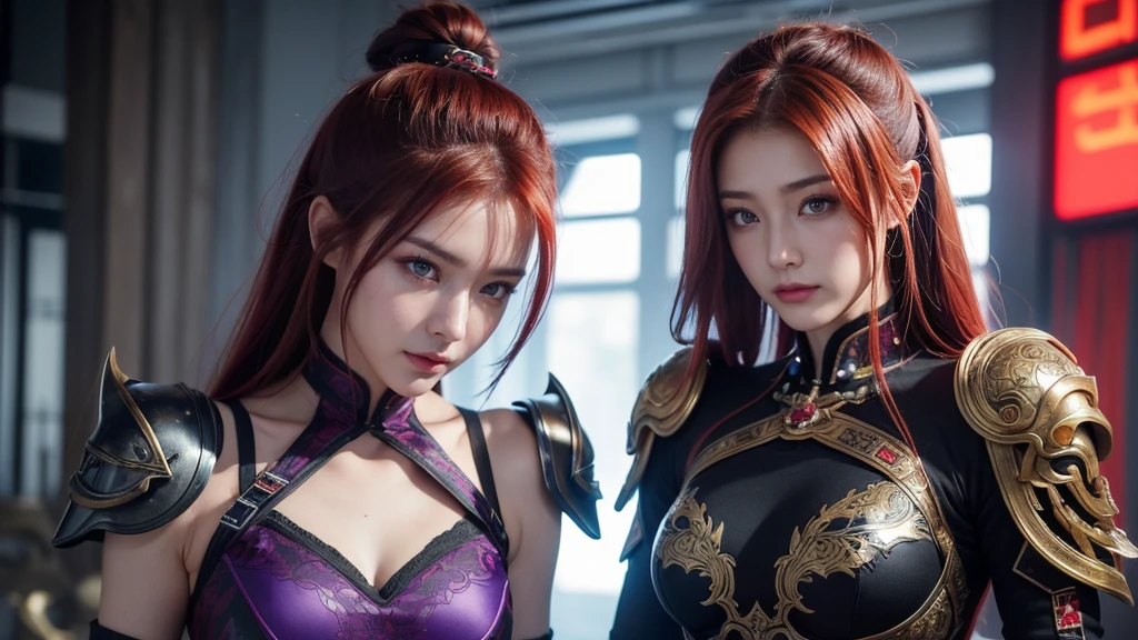 high quality,high resolution,masterpiece,8K,(超realism的照片),(portrait),Digital Photography,(realism:1.4),20 year old girl,Exquisite facial features,Purple Eyes,Red Eyeshadow,((Cyberpunk style Chinese warrior)),Random Hairstyle,(Red hair),Large Breasts,,(Cyberpunk combat suit that blends science fiction and ancient Chinese style,hollow-carved design,Metal shoulder pads,Intricate clothing patterns,Takekasa),(Show your belly button),shut your mouth,frown,Smile,Cold and serious,Extremely meticulous expression,Real details,Light Magic,Photo poses,oc render reflection texture