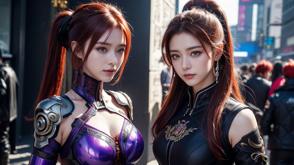 high quality,high resolution,masterpiece,8K,(超realism的照片),(portrait),Digital Photography,(realism:1.4),20 year old girl,Exquisite facial features,Purple Eyes,Red Eyeshadow,((Cyberpunk style Chinese warrior)),Random Hairstyle,(Red hair),Large Breasts,,(Cyberpunk combat suit that blends science fiction and ancient Chinese style,hollow-carved design,Metal shoulder pads,Intricate clothing patterns,Takekasa),(Show your belly button),shut your mouth,frown,Smile,Cold and serious,Extremely meticulous expression,Real details,Light Magic,Photo poses,oc render reflection texture