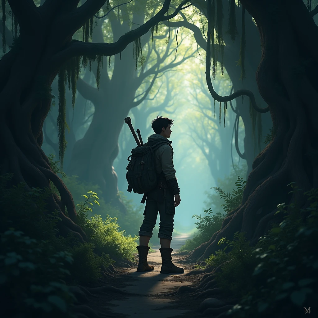 "A young adventurer named Kael stands on the edge of a dark and mysterious forest., with a determined expression as he prepares to enter."