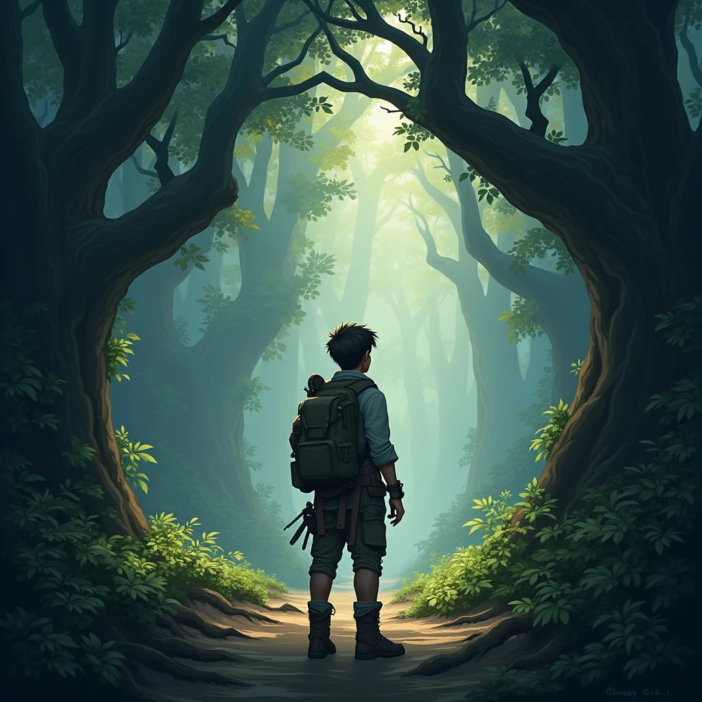 "A young adventurer named Kael stands on the edge of a dark and mysterious forest., with a determined expression as he prepares to enter."