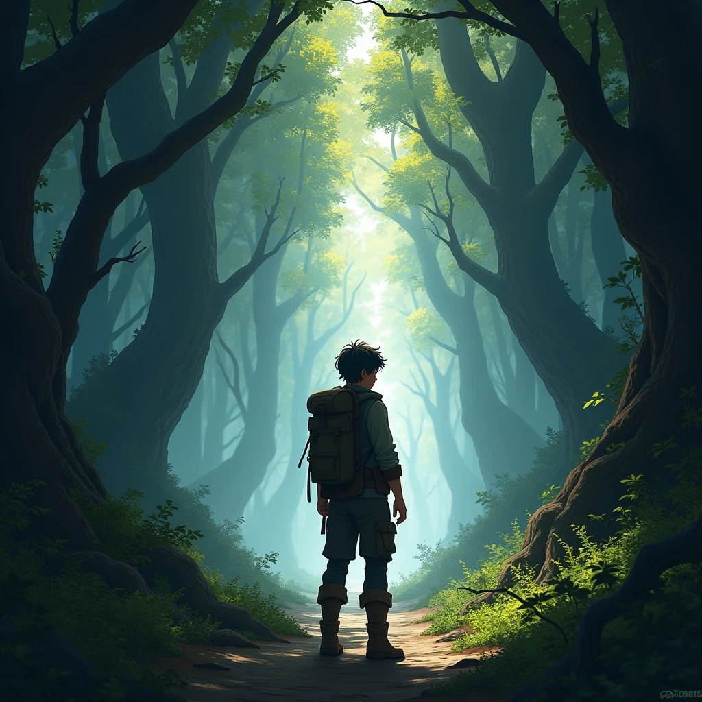 "A young adventurer named Kael stands on the edge of a dark and mysterious forest., with a determined expression as he prepares to enter."