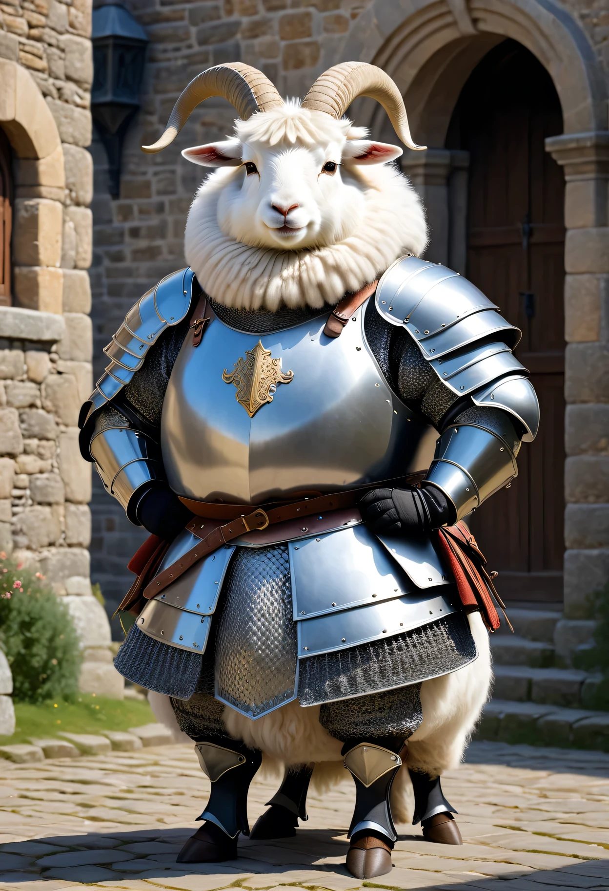 photorealistic portrait of Dressed animals - a ((fat)) (angora goat) knight,(hands on hips:1.5 ),(furry), high quality,(lovely) ,intricate details, highly detailed ((knight armor)),  , highly detailed knight equipment , (happy), natural lighting,(full body image:2.0),(stone buildings background),score_9, score_8_up, score_7_up, score_6_up, score_5_up, score_4_up,