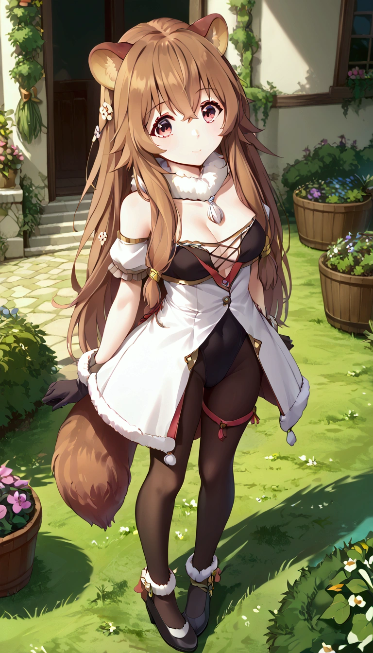  score_9,score_8,  (((perfect face))), (medium breasts), full body view, {looking at viewer},(brown hair), (bangs), (long hair), (animal ears), (raccoon ears), (raccoon girl), (raccoon tail), 1girl, raphtalia, (pink eyes), (detailed eyes), (perfect Eyes), garden, outdoors, hair ornament, fur collar, white dress, fur-trimmed dress, bare shoulders, black leotard, strapless, cleavage, detached sleeves, puffy short sleeves, black gloves, black pantyhose