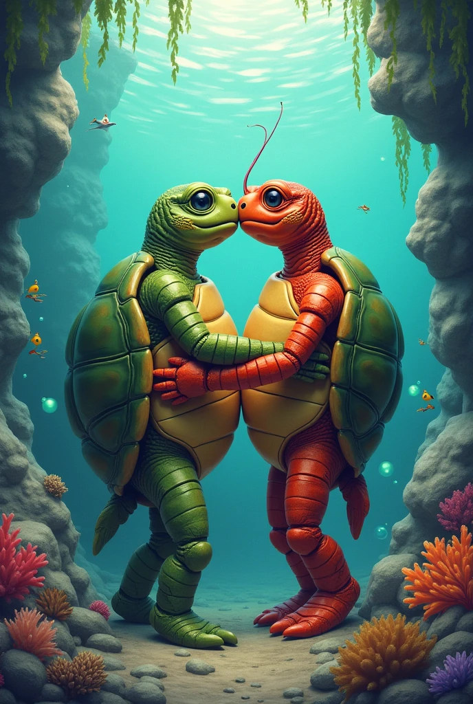 Turtles and lobsters are really in love with each other. Rocky and watery background