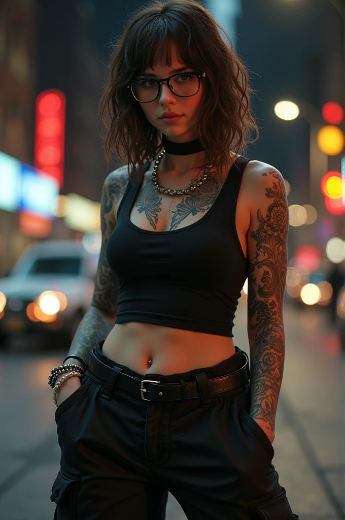 ((best quality)), ((masterpiece)), (detailed), perfect face Short 4’11, chubby, 2 woman with black glasses, long brown hair, covered in tattoos, wearing black cargo pants, a black tank top and combat boots, on a city street at night, realistic style