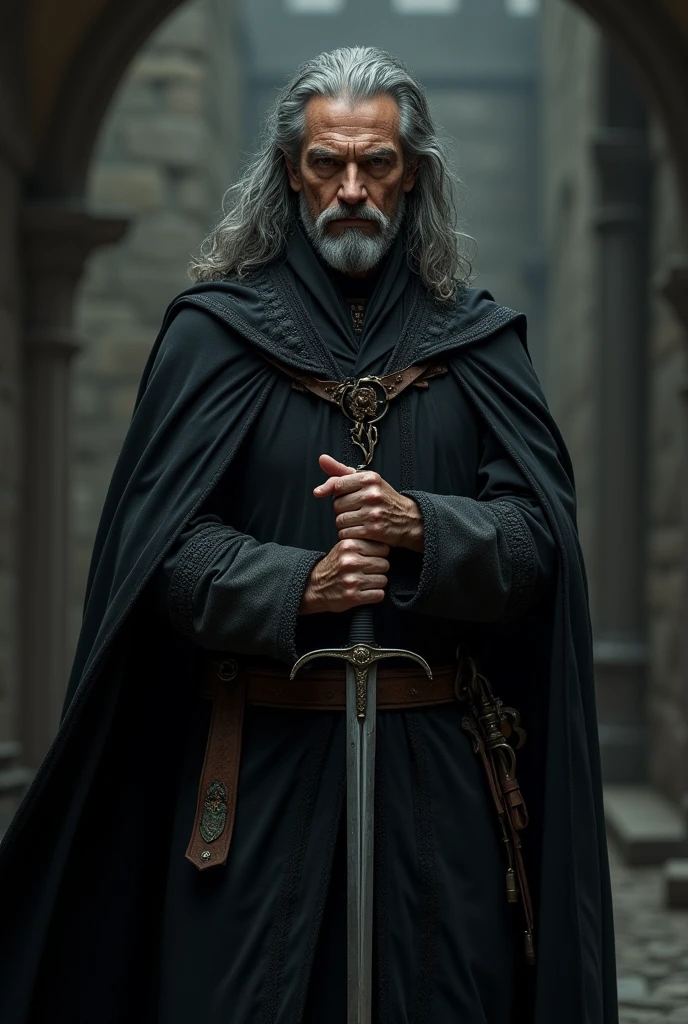 man of 40 years old, with long gray hair, with a gray mustache and goatee. wearing a black robe, holding a rapier. Medieval killer.