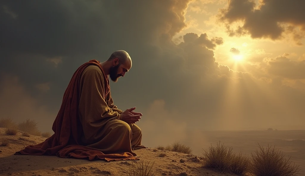 A deeply emotional biblical scene showing Job in a state of mourning and humility. He is depicted on his knees, with his face to the ground, in an arid landscape, his garments torn, and his head shaved as a sign of grief. The surrounding area is barren, reflecting the desolation he feels. Despite the overwhelming loss, Job is shown in a posture of worship, hands spread out as he prays. The sky above is a mix of dark clouds and a small ray of light, symbolizing his unwavering faith in God even in the midst of profound suffering, as described in the story of Job.