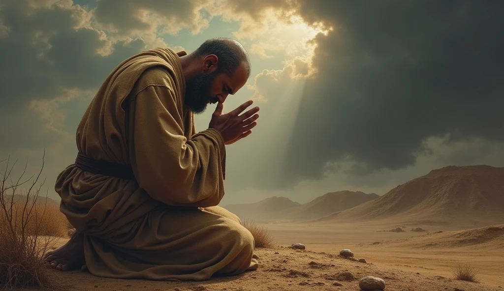 A deeply emotional biblical scene showing Job in a state of mourning and humility. He is depicted on his knees, with his face to the ground, in an arid landscape, his garments torn, and his head shaved as a sign of grief. The surrounding area is barren, reflecting the desolation he feels. Despite the overwhelming loss, Job is shown in a posture of worship, hands spread out as he prays. The sky above is a mix of dark clouds and a small ray of light, symbolizing his unwavering faith in God even in the midst of profound suffering, as described in the story of Job.