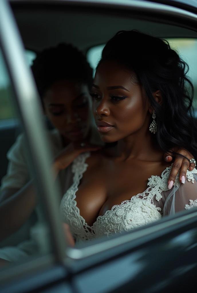 Generate an image of a crying black beautiful curvy bride in a car with another beautiful black lady