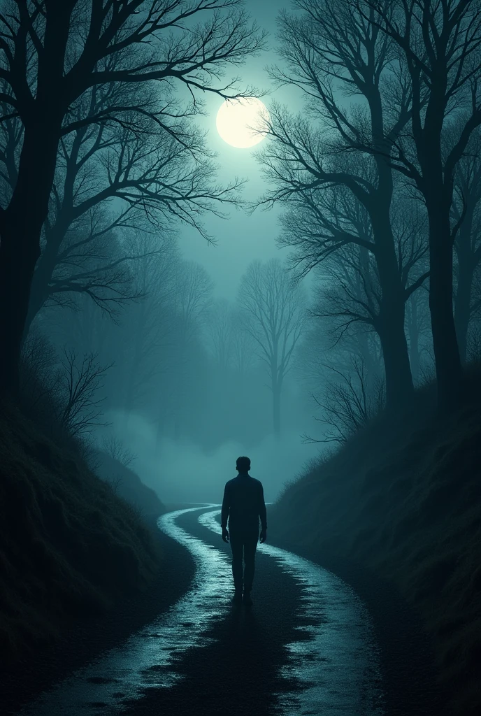 A young man walks home on a lonely road on the edge of a spooky forest.
