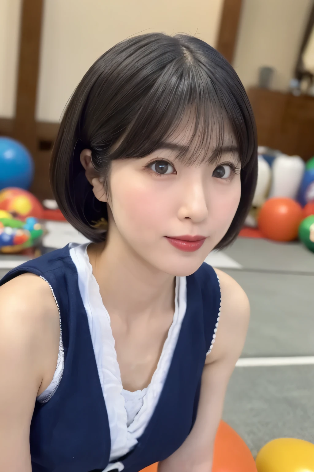 Masterpiece, photogravure, highest quality, clear contours, (One Girl, alone), Japanese woman, 30 years old, lipstick, cute face, detailed face, beautiful eyes, detailed eyes, focus on the eyes, bob hair, Anatomically correct body structure, wearing body-fitting costumes, getting on all fours, lifting butts, shot from the front