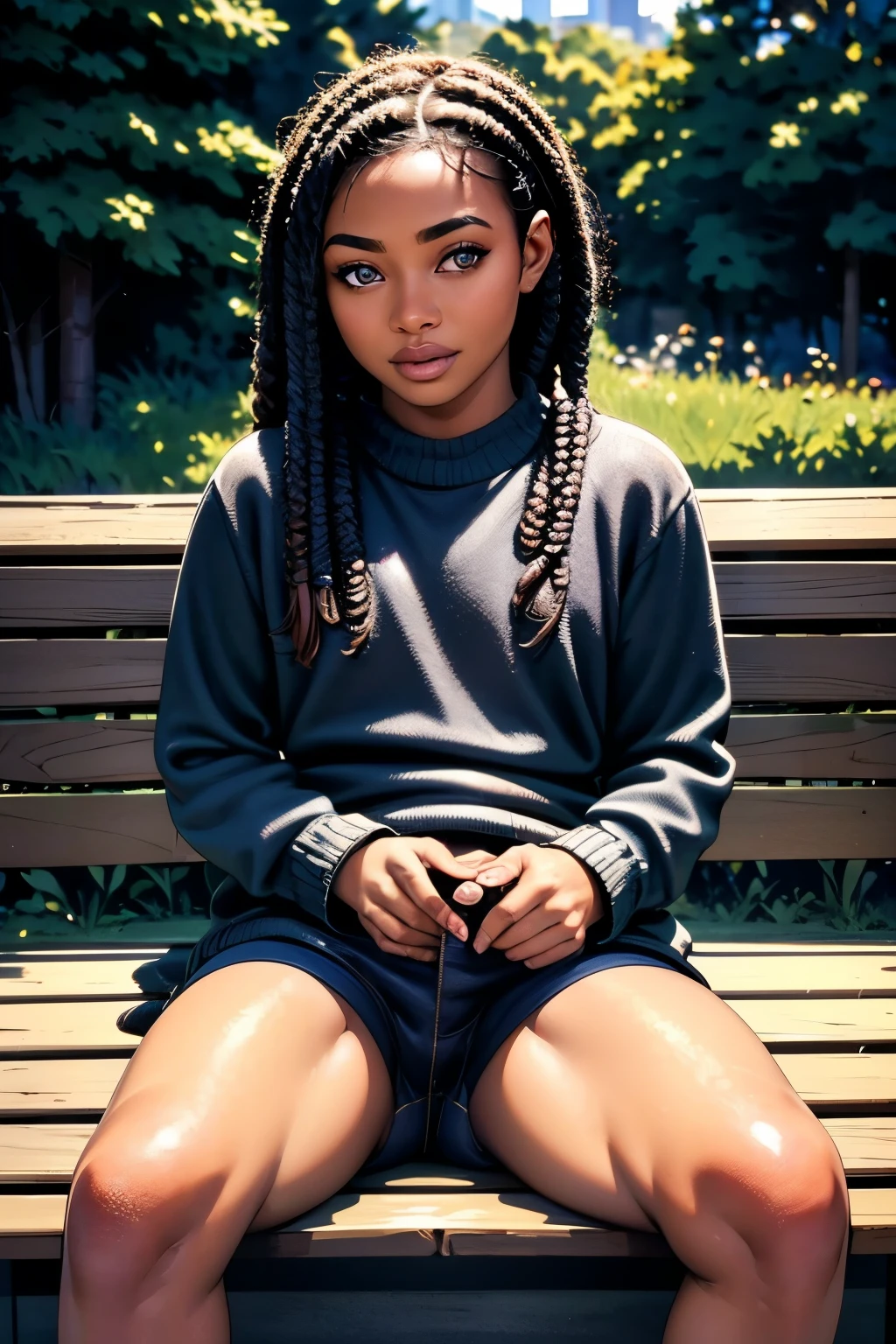 a young black boy wearing a cozy sweater and shorts, beautiful detailed eyes, beautiful detailed lips, extremely detailed eyes and face, long eyelashes, sitting on a bench in a park on a sunny day, (best quality,4k,8k,highres,masterpiece:1.2),ultra-detailed,(realistic,photorealistic,photo-realistic:1.37),HDR,UHD,studio lighting,ultra-fine painting,sharp focus,physically-based rendering,extreme detail description,professional,vivid colors,bokeh,warm lighting,cinematic composition,beautiful natural scenery
