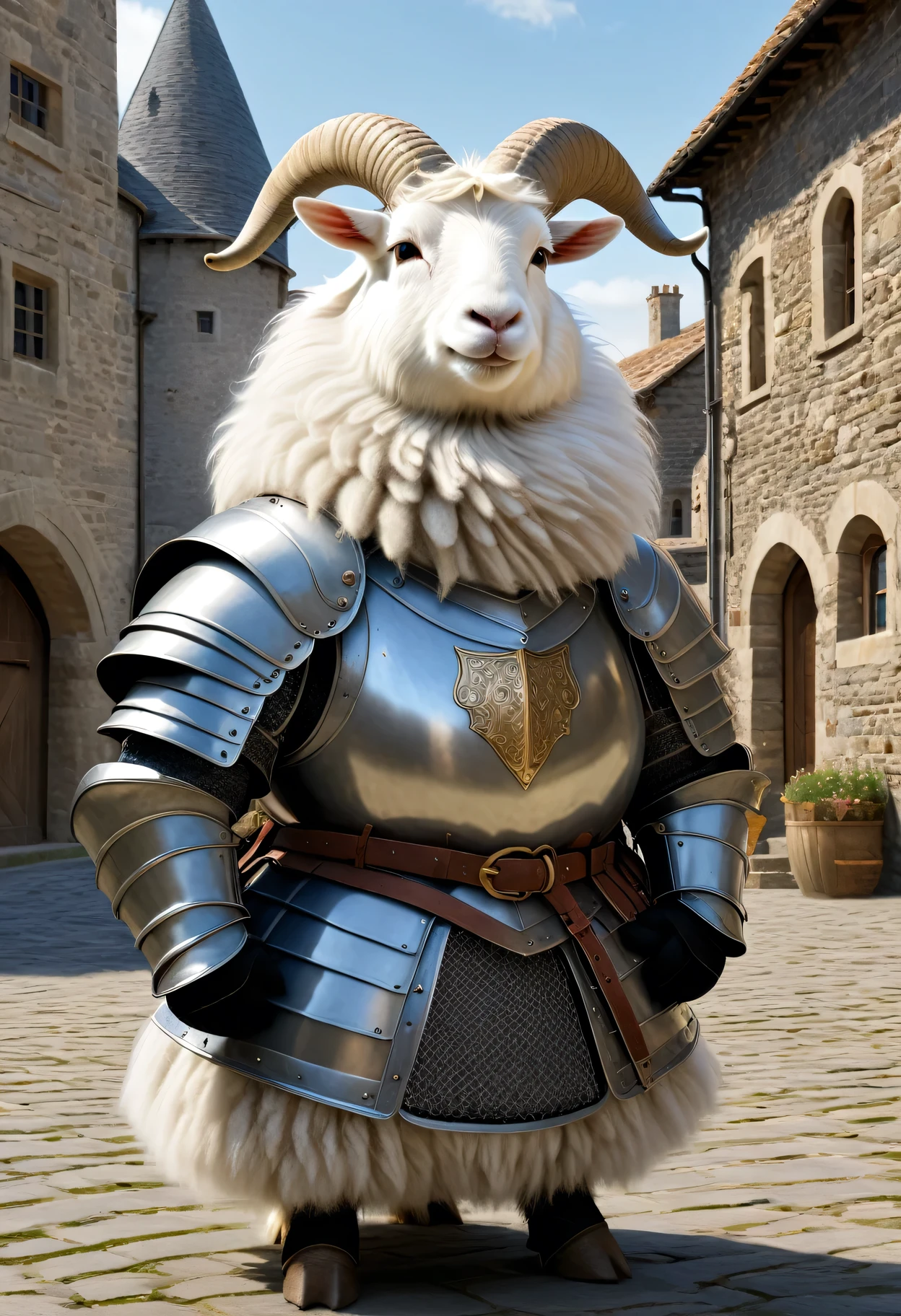 photorealistic portrait of Dressed animals - a ((fat)) (angora goat) knight,(hands on hips:1.5 ),(furry), high quality,(lovely) ,intricate details, highly detailed ((knight armor)), , highly detailed knight equipment , (happy), natural lighting,(from head to toe image:2.0),(stone buildings background),score_9, score_8_up, score_7_up, score_6_up, score_5_up, score_4_up,