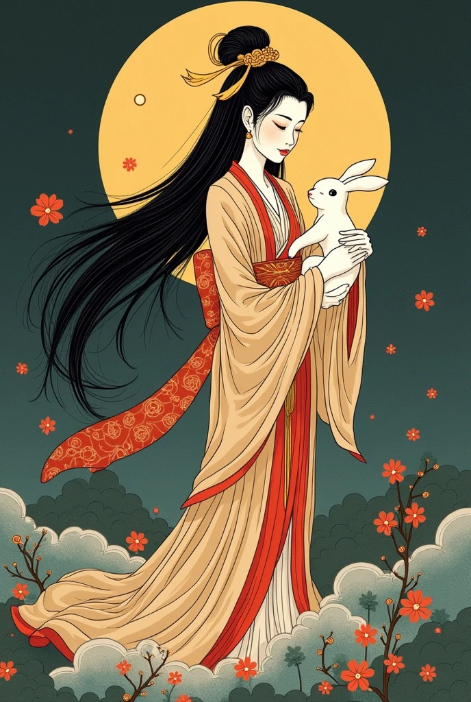 ((best quality)), Moon goddess Chang&#39;e with her rabbit and a moon behind her and in ancient Japanese style and levitating as if she wanted to reach the moon, One of her hands is raised towards the moon and the other embraces her rabbit., It has to look old 